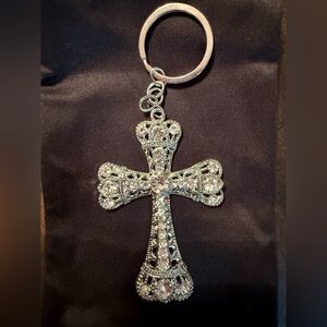 Silver Rhinestone Cross Keychain